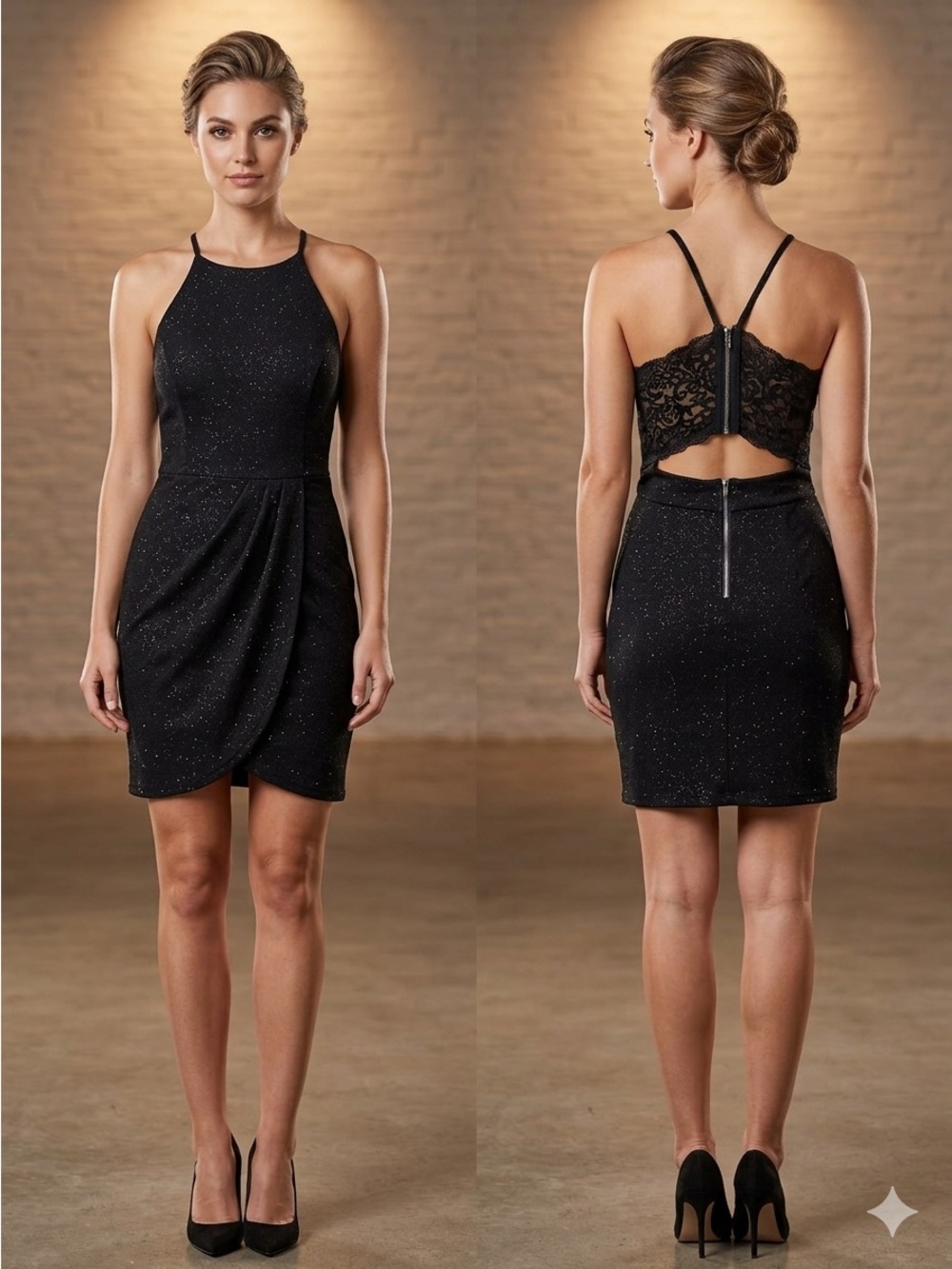 Xtraordinary Black Shimmer Lace Back Tulip Mini Dress Sz 7 Party Cocktail Bodyco